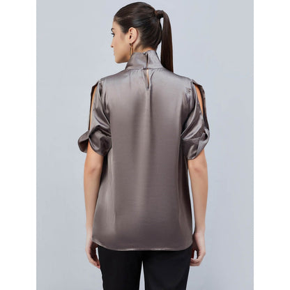 First Resort by Ramola Bachchan Grey Twisted Embellished Satin Shirt