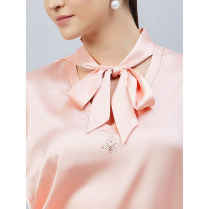 First Resort by Ramola Bachchan Pink Neck-Tie Embellished Satin Shirt