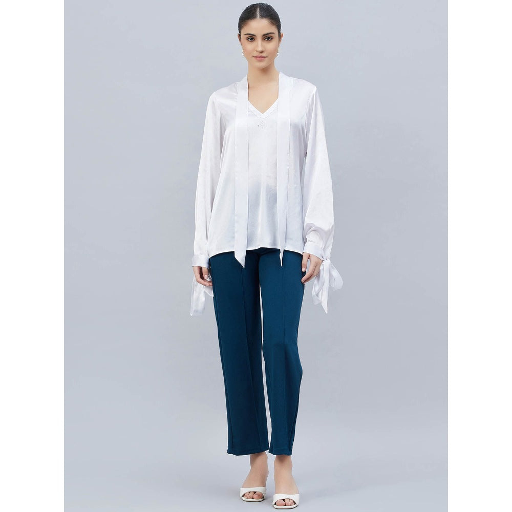First Resort by Ramola Bachchan White Neck-Tie Embellished Satin Shirt
