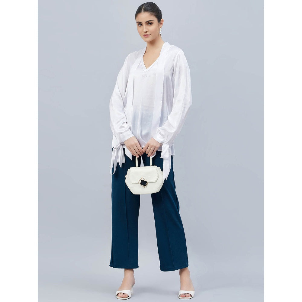 First Resort by Ramola Bachchan White Neck-Tie Embellished Satin Shirt