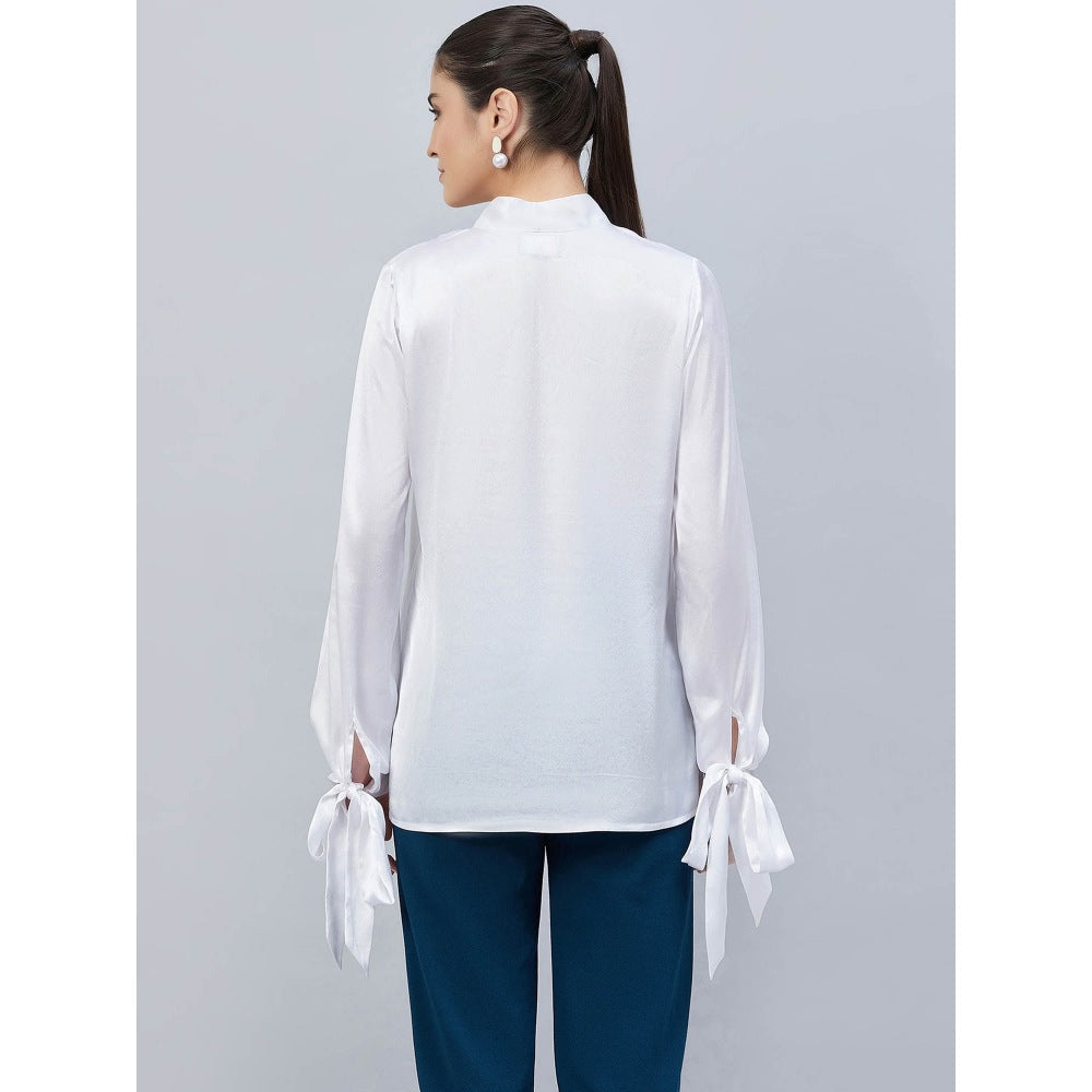First Resort by Ramola Bachchan White Neck-Tie Embellished Satin Shirt