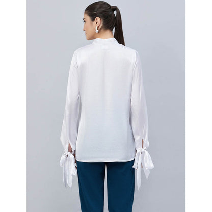 First Resort by Ramola Bachchan White Neck-Tie Embellished Satin Shirt
