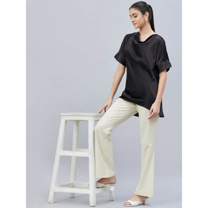 First Resort by Ramola Bachchan Black Cowl Neck Solid Satin Shirt