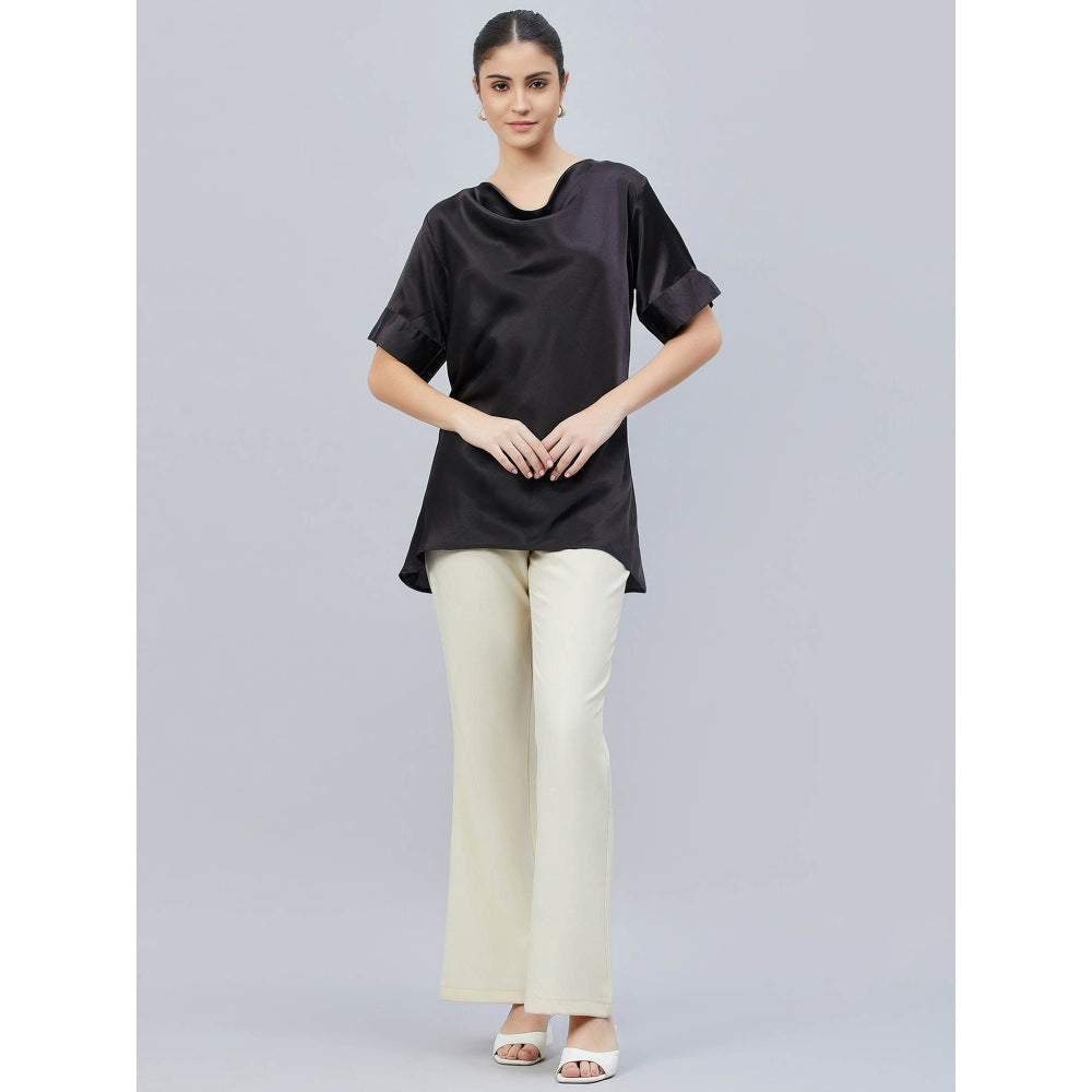First Resort by Ramola Bachchan Black Cowl Neck Solid Satin Shirt