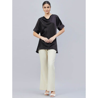 First Resort by Ramola Bachchan Black Cowl Neck Solid Satin Shirt