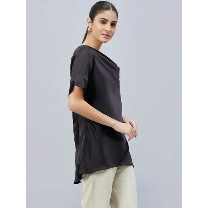 First Resort by Ramola Bachchan Black Cowl Neck Solid Satin Shirt