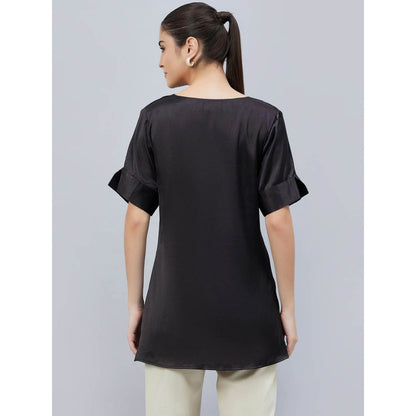 First Resort by Ramola Bachchan Black Cowl Neck Solid Satin Shirt