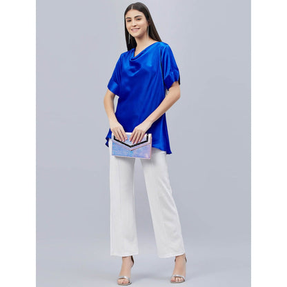 First Resort by Ramola Bachchan Cobalt Blue Cowl Neck Solid Satin Shirt