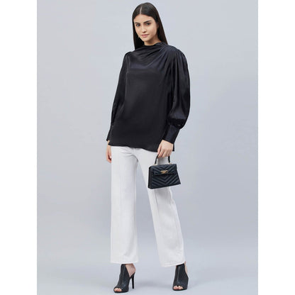First Resort by Ramola Bachchan Black Shoulder Pleated Solid Satin Shirt
