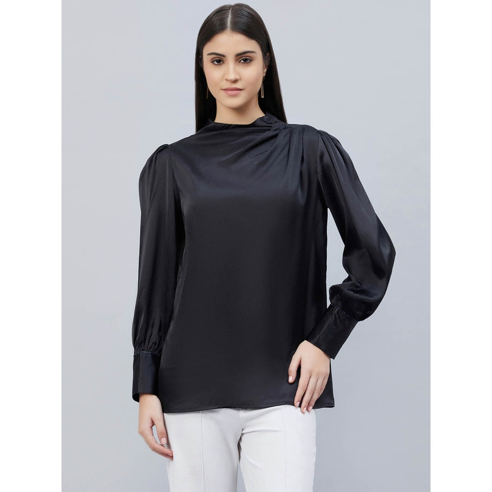 First Resort by Ramola Bachchan Black Shoulder Pleated Solid Satin Shirt