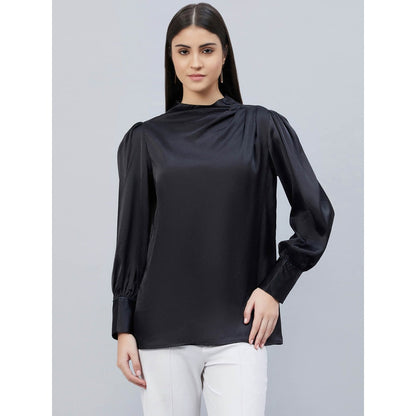 First Resort by Ramola Bachchan Black Shoulder Pleated Solid Satin Shirt