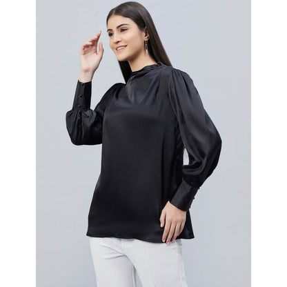 First Resort by Ramola Bachchan Black Shoulder Pleated Solid Satin Shirt