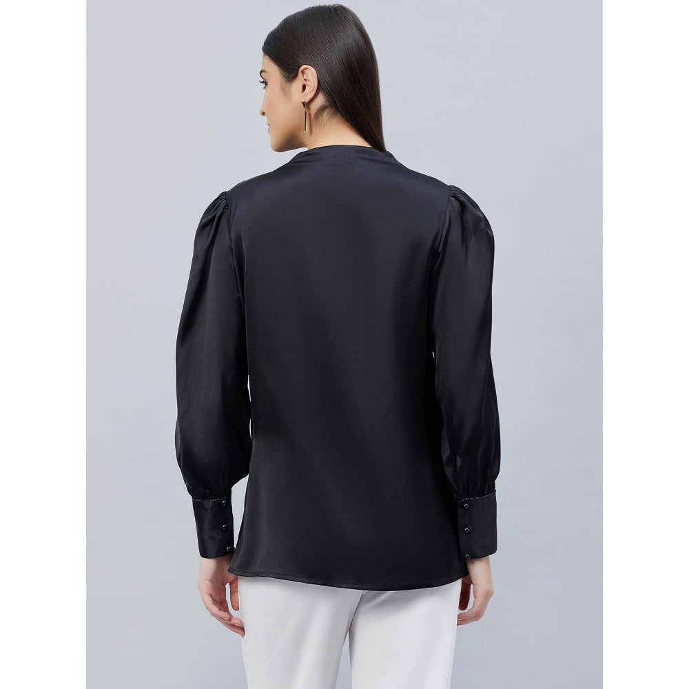First Resort by Ramola Bachchan Black Shoulder Pleated Solid Satin Shirt