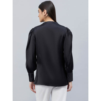 First Resort by Ramola Bachchan Black Shoulder Pleated Solid Satin Shirt
