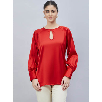 First Resort by Ramola Bachchan Red Keyhole Solid Satin Shirt