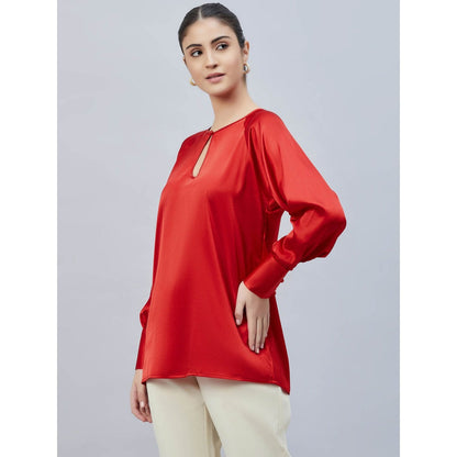First Resort by Ramola Bachchan Red Keyhole Solid Satin Shirt