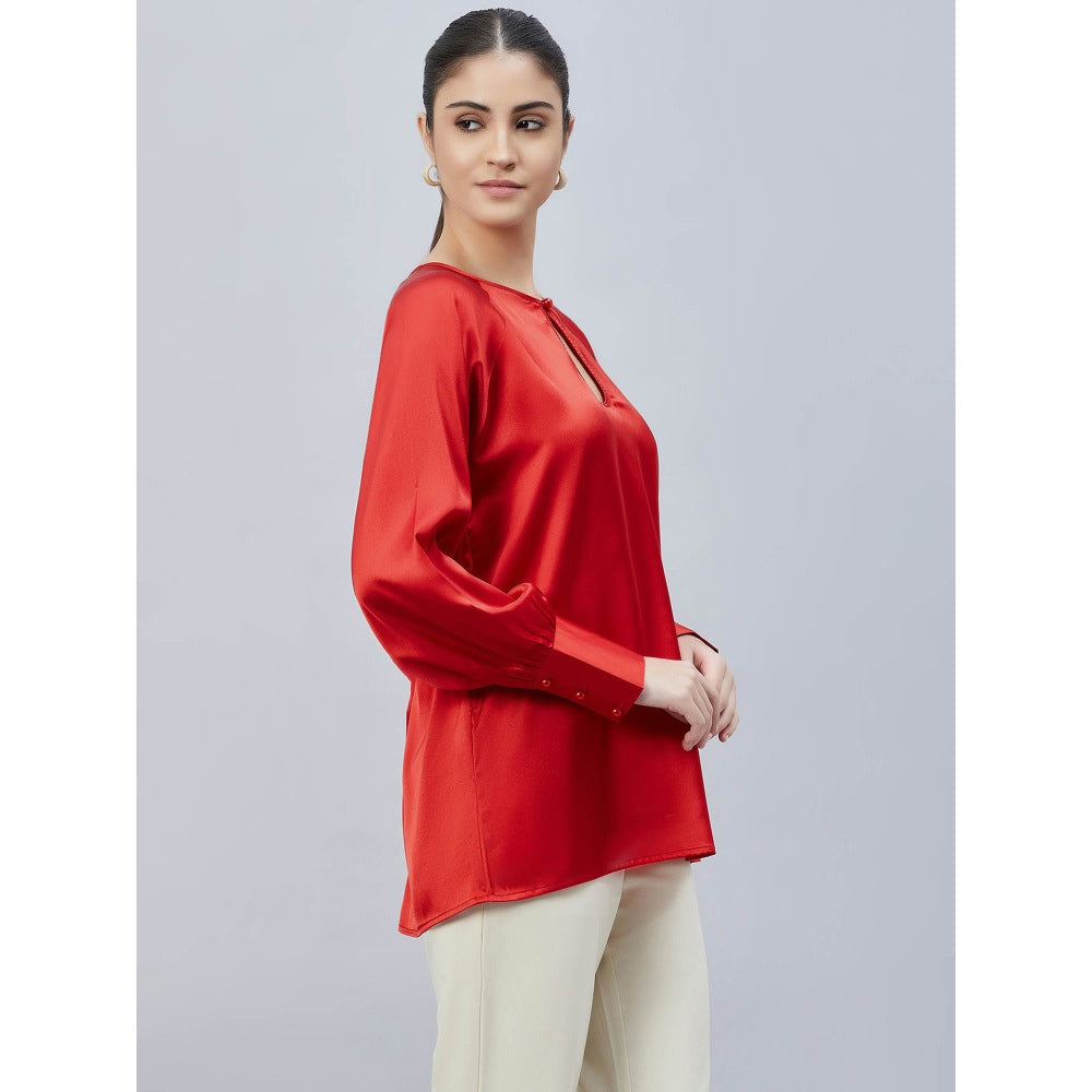 First Resort by Ramola Bachchan Red Keyhole Solid Satin Shirt