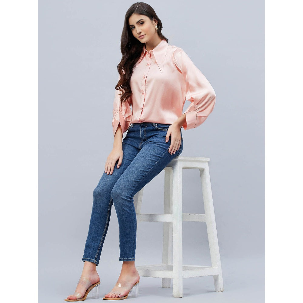 First Resort by Ramola Bachchan Pink Long Collar Embellished Satin Shirt