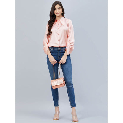 First Resort by Ramola Bachchan Pink Long Collar Embellished Satin Shirt
