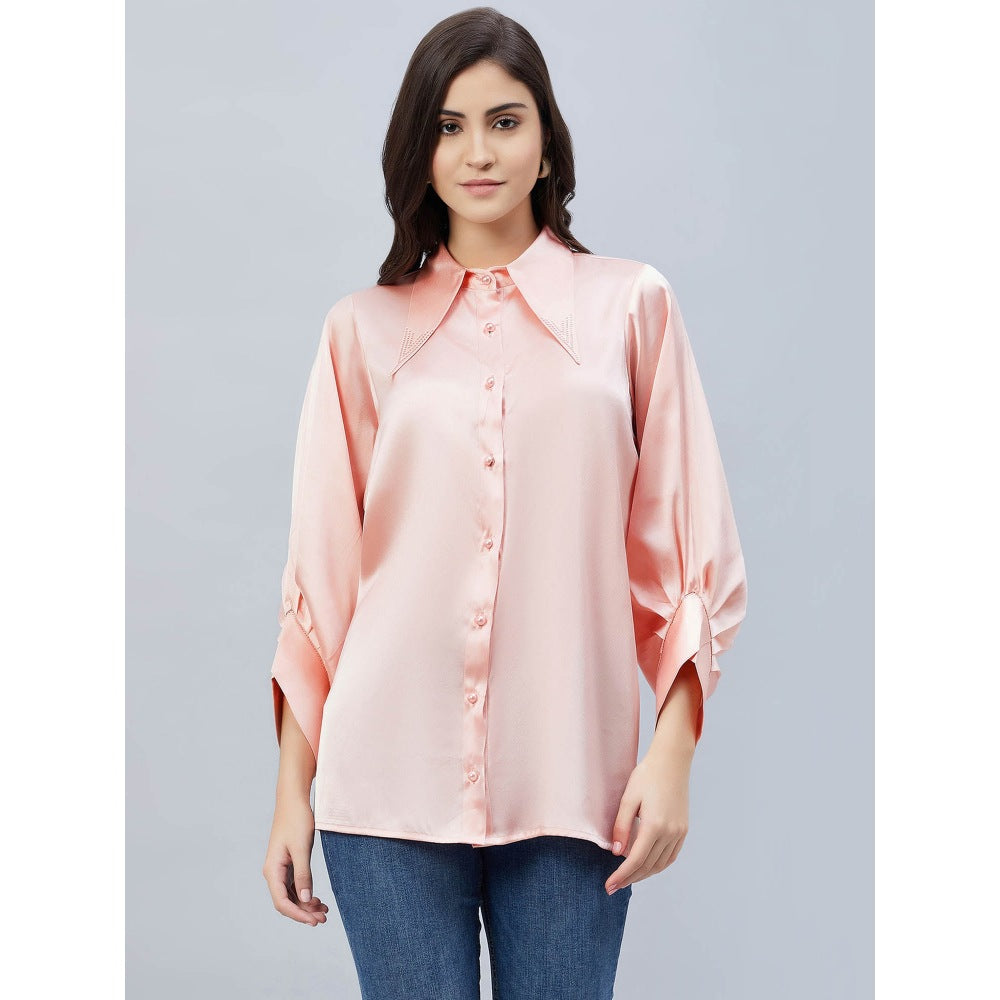 First Resort by Ramola Bachchan Pink Long Collar Embellished Satin Shirt