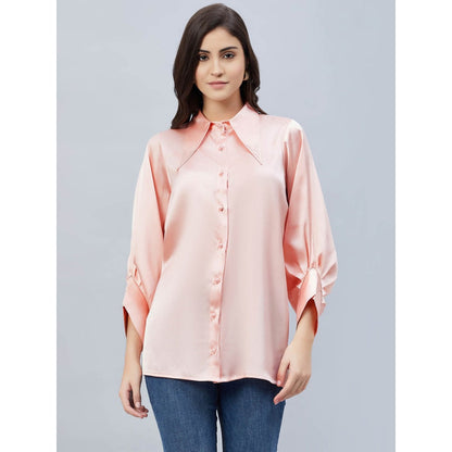 First Resort by Ramola Bachchan Pink Long Collar Embellished Satin Shirt