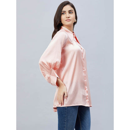 First Resort by Ramola Bachchan Pink Long Collar Embellished Satin Shirt