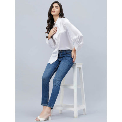 First Resort by Ramola Bachchan White Long Collar Embellished Satin Shirt