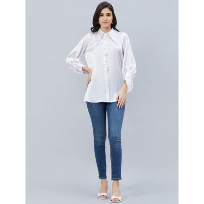 First Resort by Ramola Bachchan White Long Collar Embellished Satin Shirt