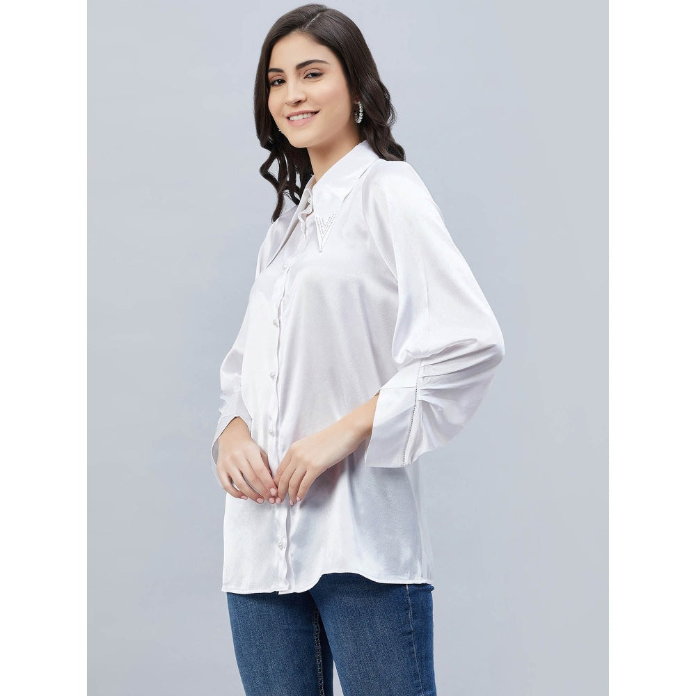 First Resort by Ramola Bachchan White Long Collar Embellished Satin Shirt
