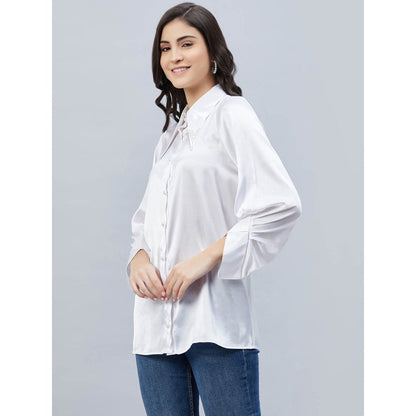 First Resort by Ramola Bachchan White Long Collar Embellished Satin Shirt