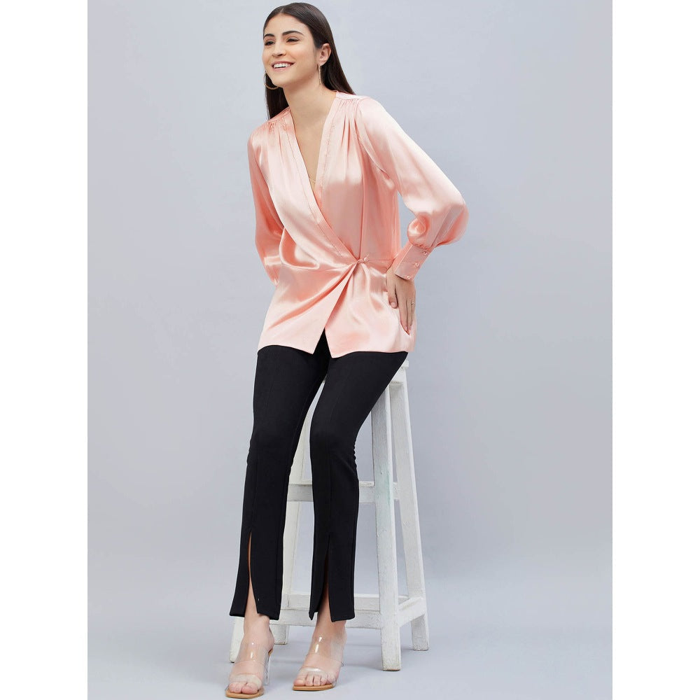 First Resort by Ramola Bachchan Pink Wrap Embellished Satin Shirt