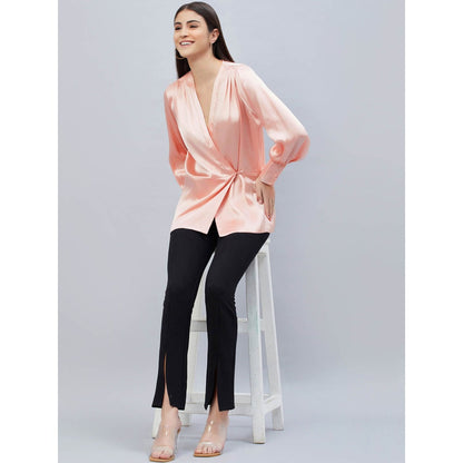 First Resort by Ramola Bachchan Pink Wrap Embellished Satin Shirt