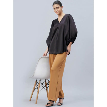 First Resort by Ramola Bachchan Black V-Neck Embellished Satin Shirt