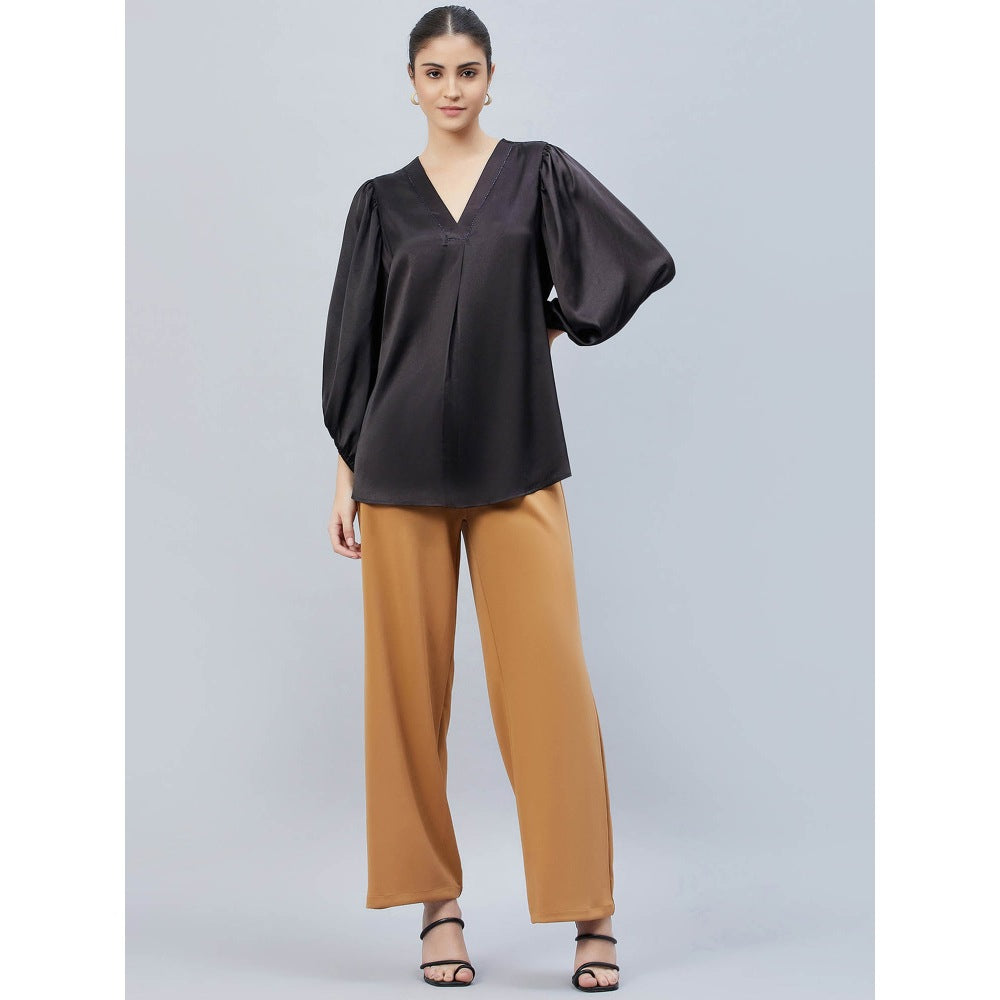 First Resort by Ramola Bachchan Black V-Neck Embellished Satin Shirt
