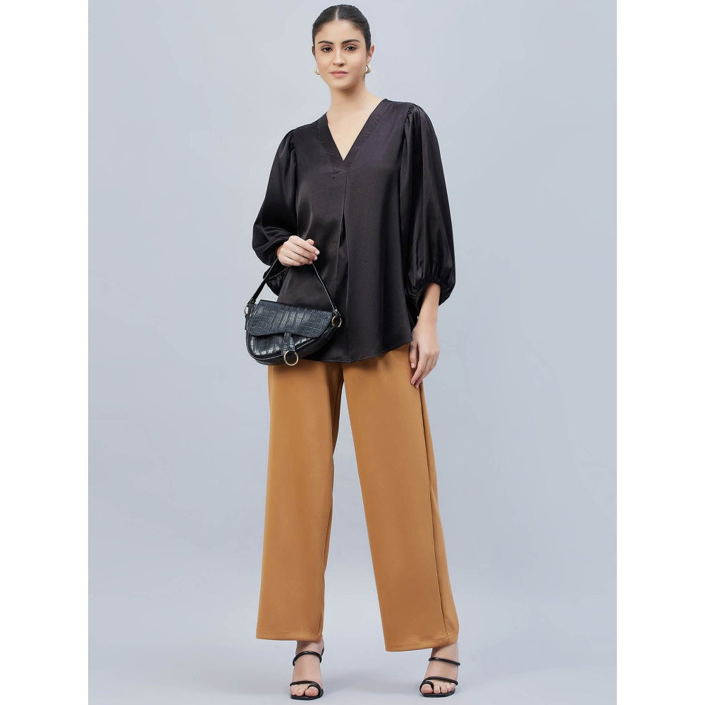 First Resort by Ramola Bachchan Black V-Neck Embellished Satin Shirt