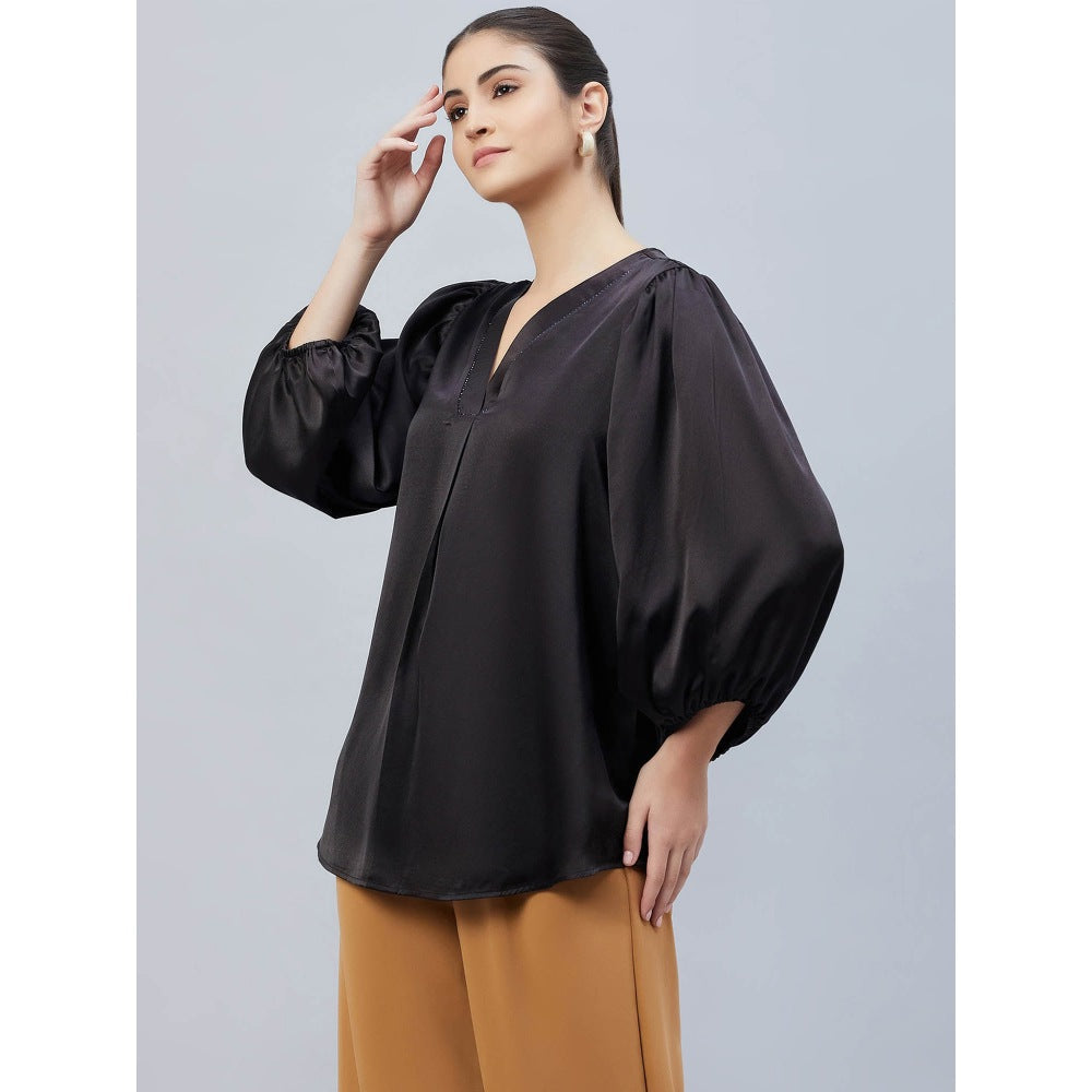 First Resort by Ramola Bachchan Black V-Neck Embellished Satin Shirt