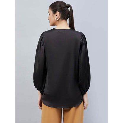 First Resort by Ramola Bachchan Black V-Neck Embellished Satin Shirt