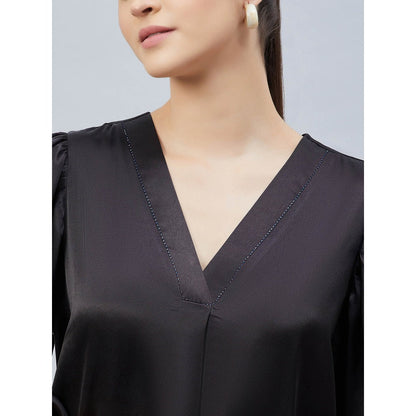 First Resort by Ramola Bachchan Black V-Neck Embellished Satin Shirt