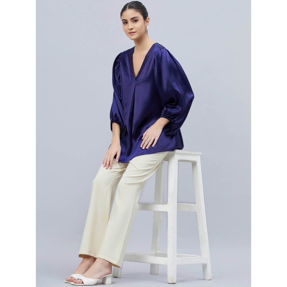 First Resort by Ramola Bachchan Navy Blue V-Neck Embellished Satin Shirt