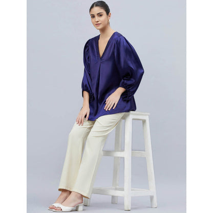 First Resort by Ramola Bachchan Navy Blue V-Neck Embellished Satin Shirt