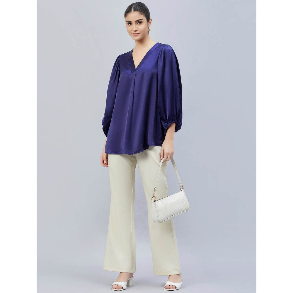 First Resort by Ramola Bachchan Navy Blue V-Neck Embellished Satin Shirt
