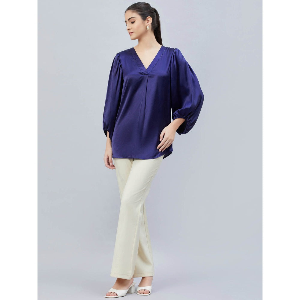 First Resort by Ramola Bachchan Navy Blue V-Neck Embellished Satin Shirt