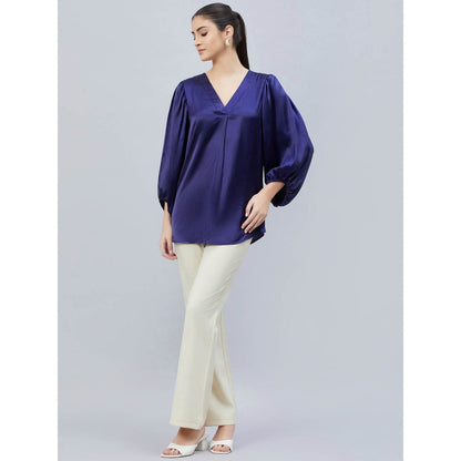 First Resort by Ramola Bachchan Navy Blue V-Neck Embellished Satin Shirt