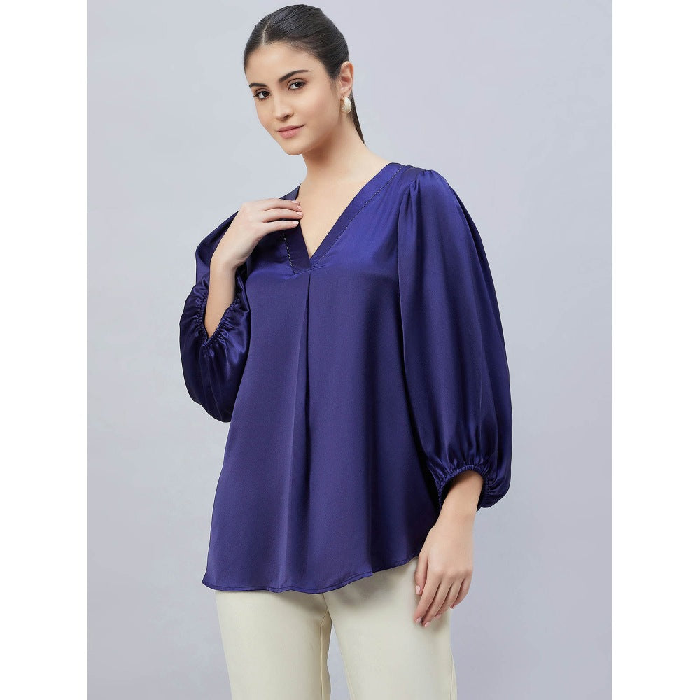 First Resort by Ramola Bachchan Navy Blue V-Neck Embellished Satin Shirt