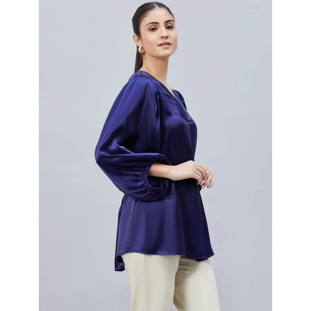 First Resort by Ramola Bachchan Navy Blue V-Neck Embellished Satin Shirt