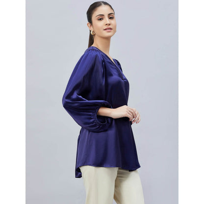 First Resort by Ramola Bachchan Navy Blue V-Neck Embellished Satin Shirt