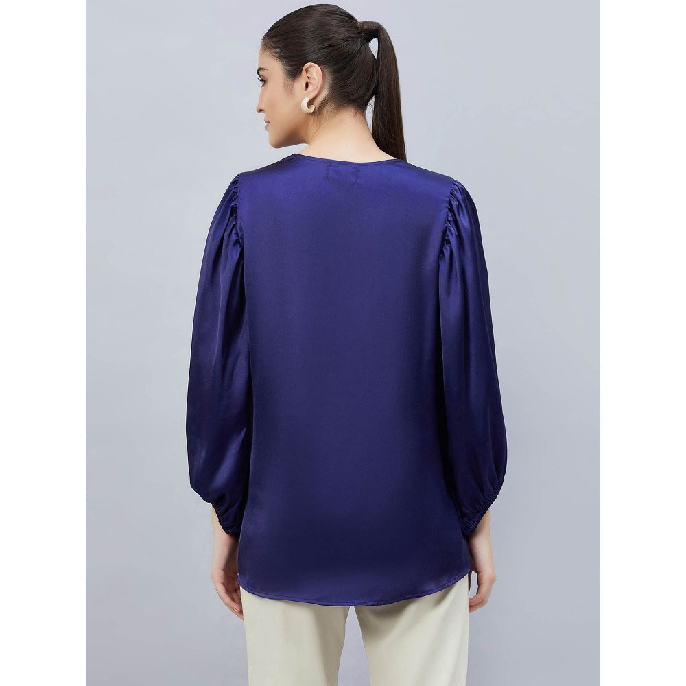 First Resort by Ramola Bachchan Navy Blue V-Neck Embellished Satin Shirt