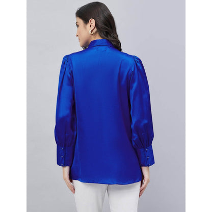 First Resort by Ramola Bachchan Cobalt Blue Shirt Collar Embellished Satin Shirt