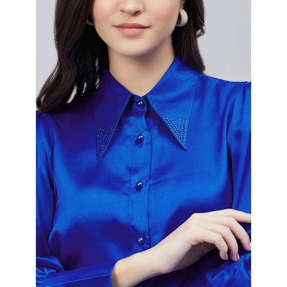 First Resort by Ramola Bachchan Cobalt Blue Shirt Collar Embellished Satin Shirt