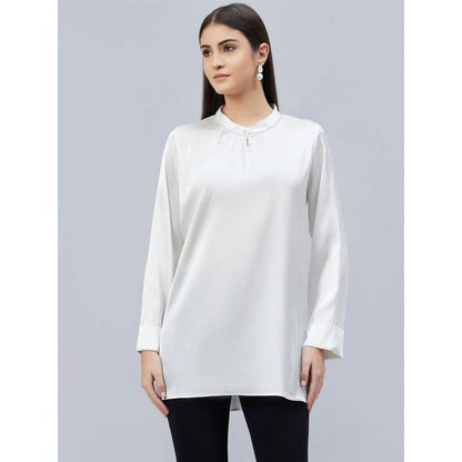 First Resort by Ramola Bachchan White One Side Pleated Embellished Satin Shirt